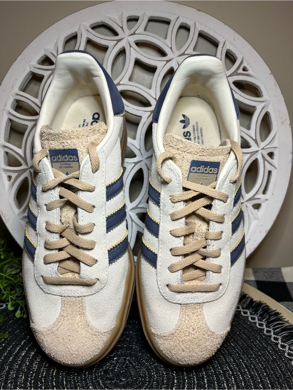 Adidas Gazelle Suede Sneakers in Cream with Navy Stripes - Picture 7 of 12